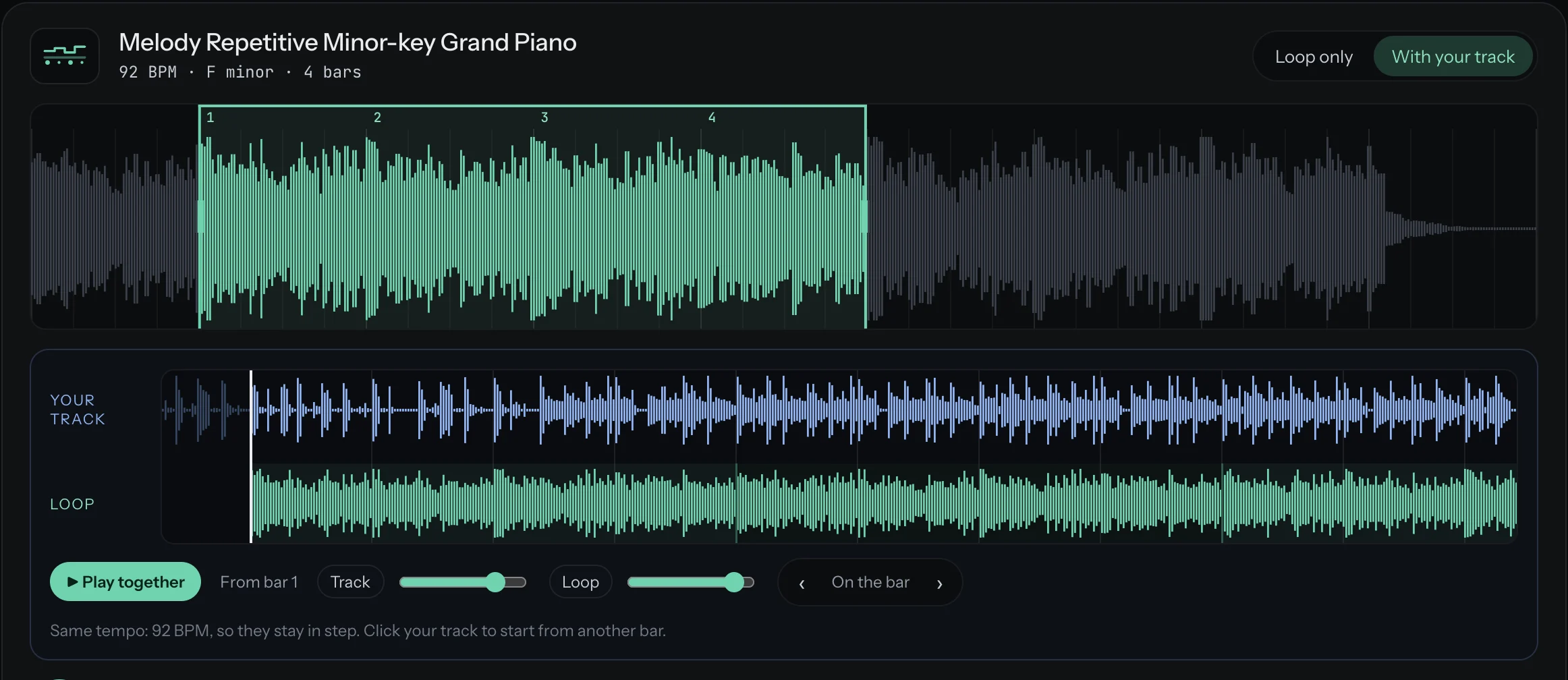 A loop playing with the producer's own track in two lanes, like a DAW: the track on top, the loop repeating underneath in step, with volumes for each