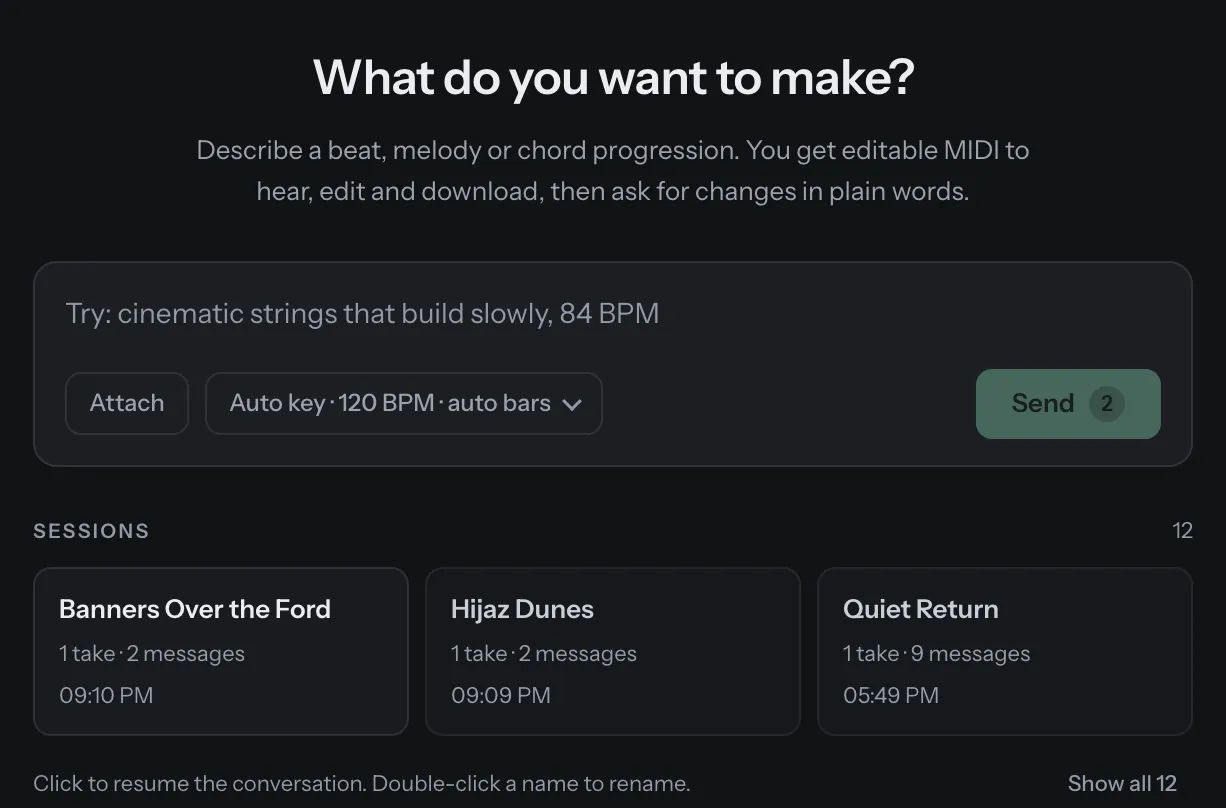 The MIDI Genie create screen asking What do you want to make, with a message box and recent sessions