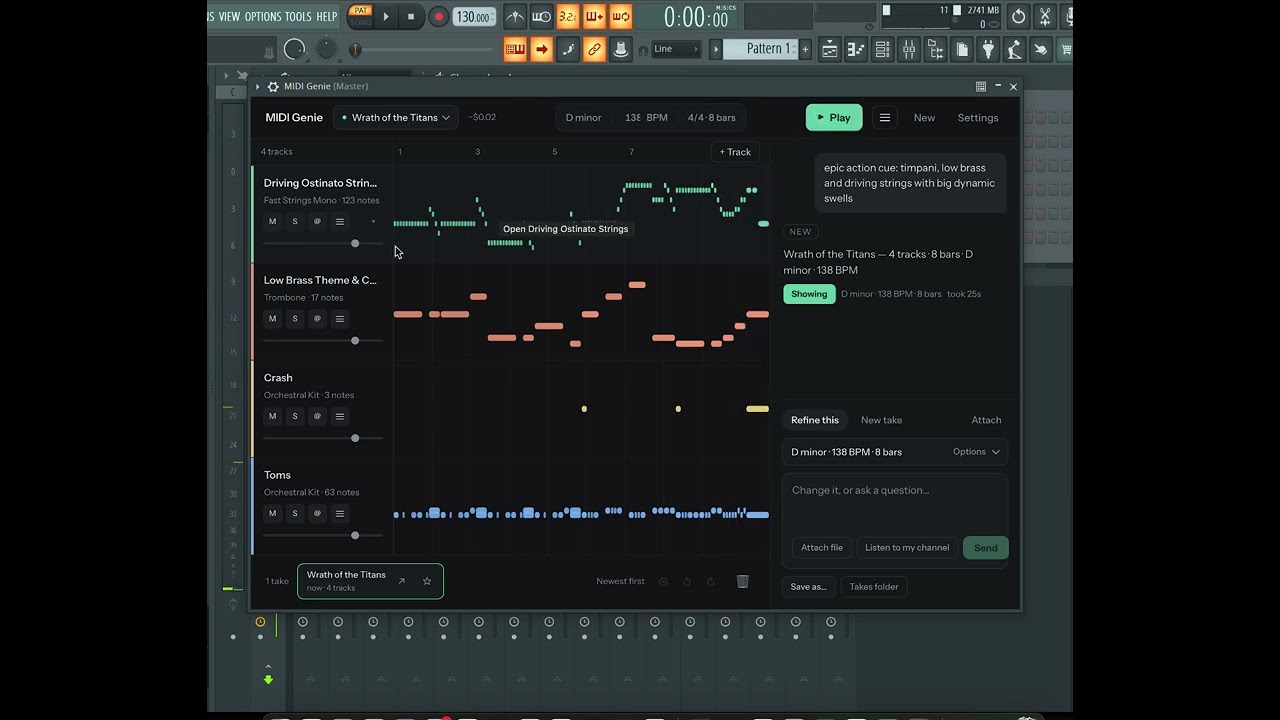 Epic orchestral action cue MIDI made with MIDI Genie, the AI MIDI generator
